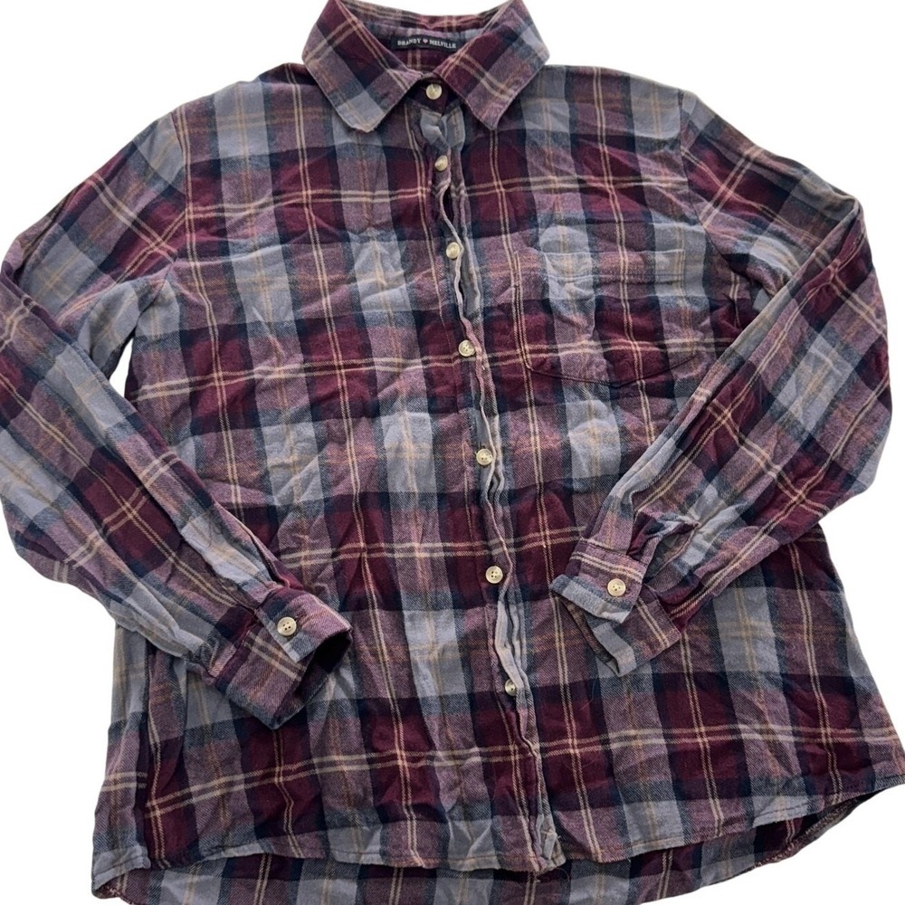Brandy Melville Shirt Womens OS Maroon‎ Gray Plaid Button Down Oversized Flannel